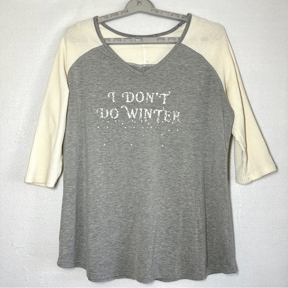 Maurices Top Women's XL Gray Cream Waffle Knit Jersey Style I Don't Do Winter